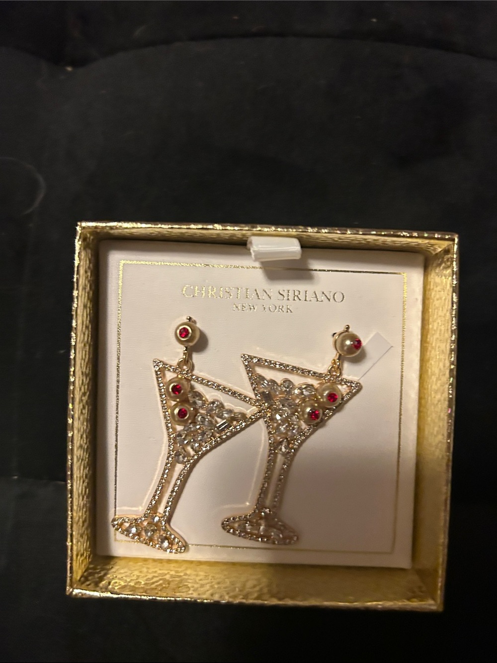 Christian Siriano Gold Martini Glass Earrings with Red Stones